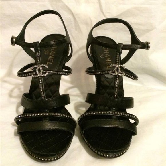 CHANEL 14C Leather Crystal Jewel CC Strappy Sandal Lucite PVC Heel Shoes - Picture 5 of 12
